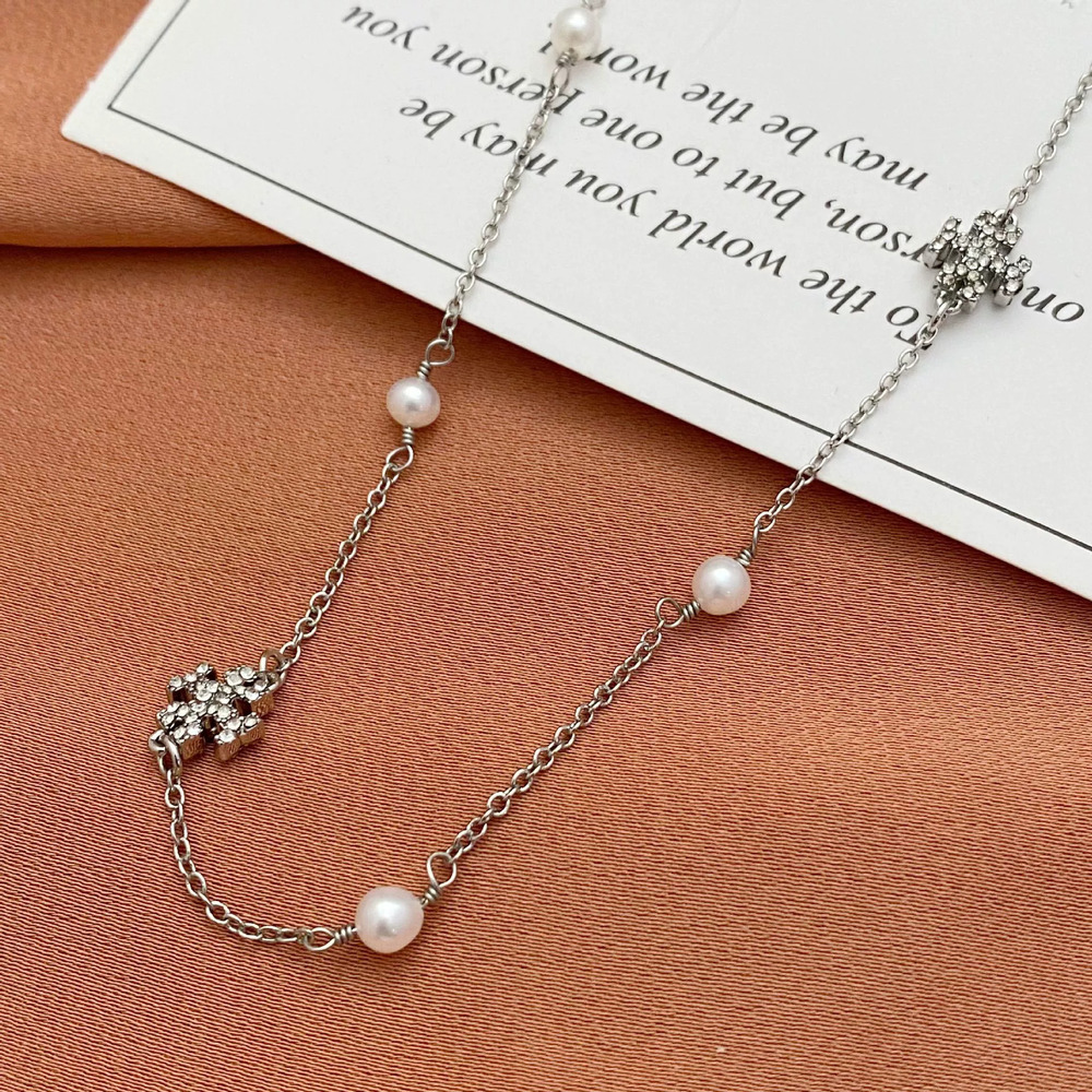 Tory Burch Rhinestone Letter Pearl Metal Necklace
